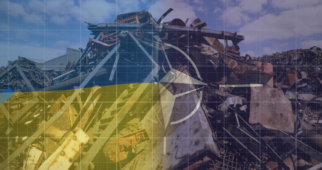Ukraine and NATO Flags Overlaid on Data and Wreckage