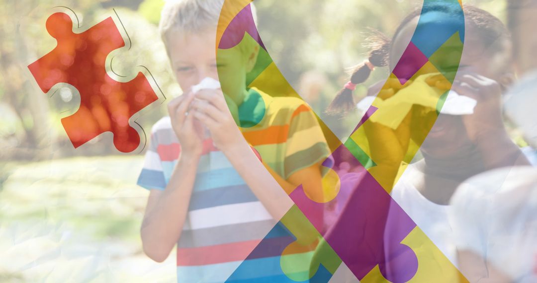 Autism Awareness Ribbon Overlaying Kids Sneezing Outdoors