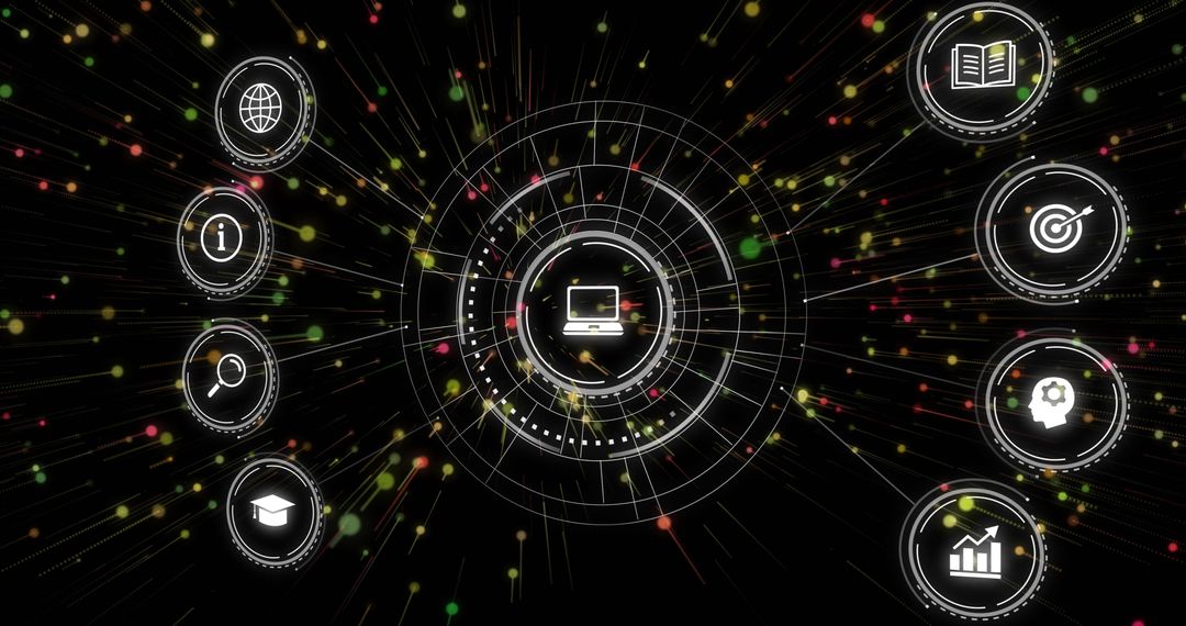 Futuristic digital network with data icons and binary code