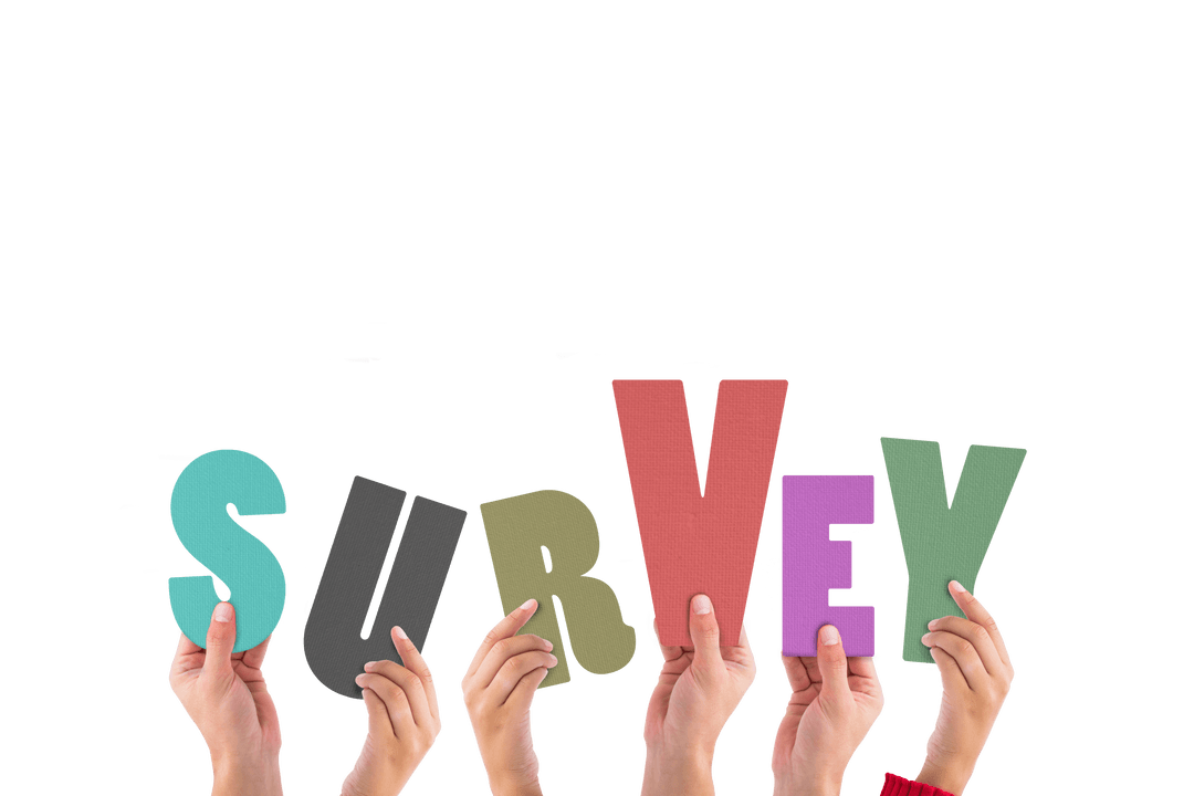Transparent Survey Text with Hands Up Illustration