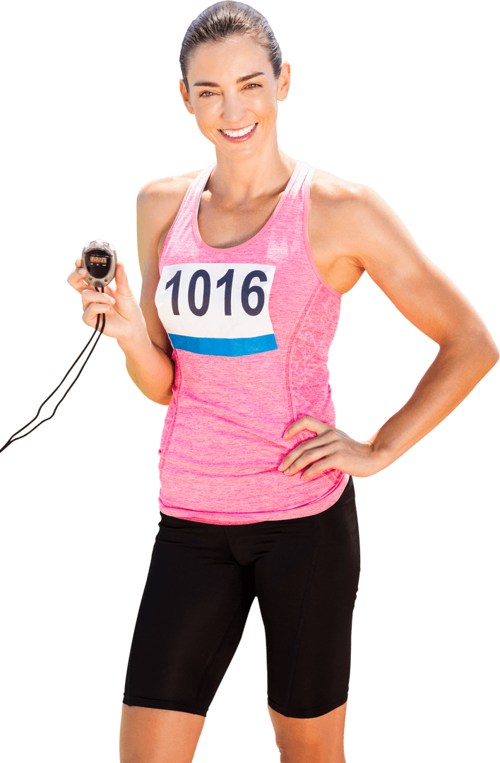 Smiling Female Athlete Holding Timer On Transparent Background