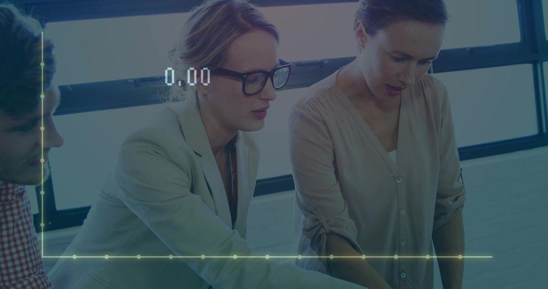 Collaborative Team Discussing Data with Digital Line Graph Overlay