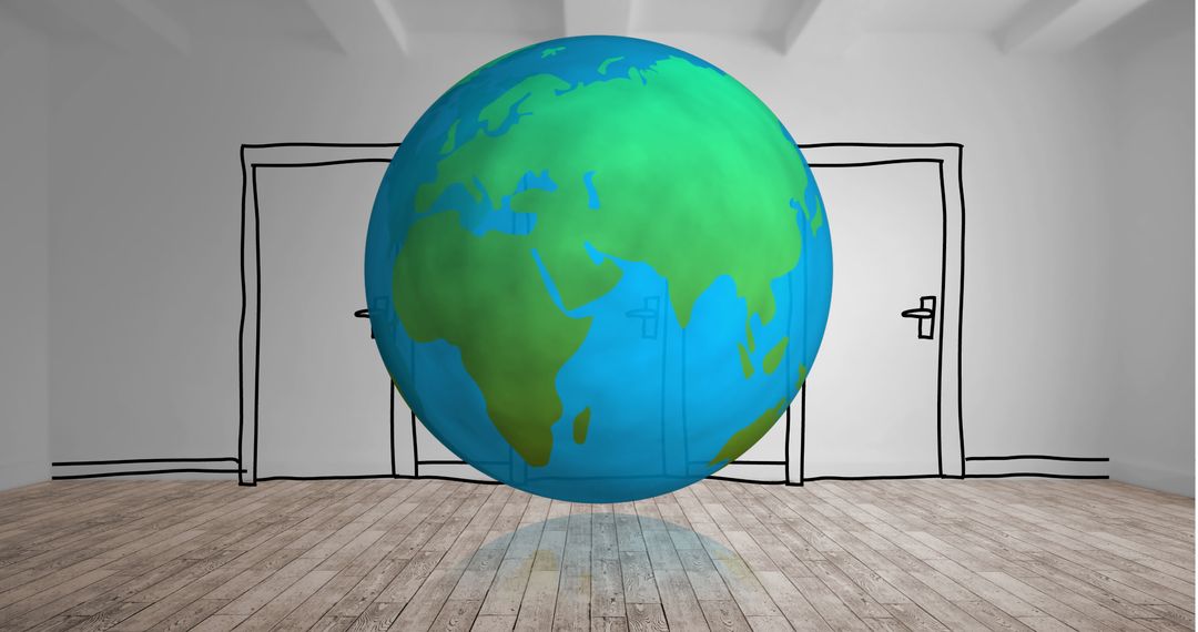 Globe in Empty Room with Doors as Minimalist Earth Concept