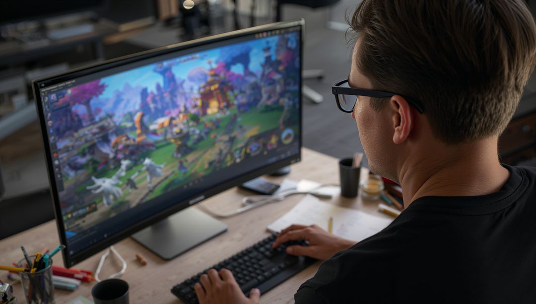 Man with glasses playing fantasy PC game on widescreen monitor in modern home workspace