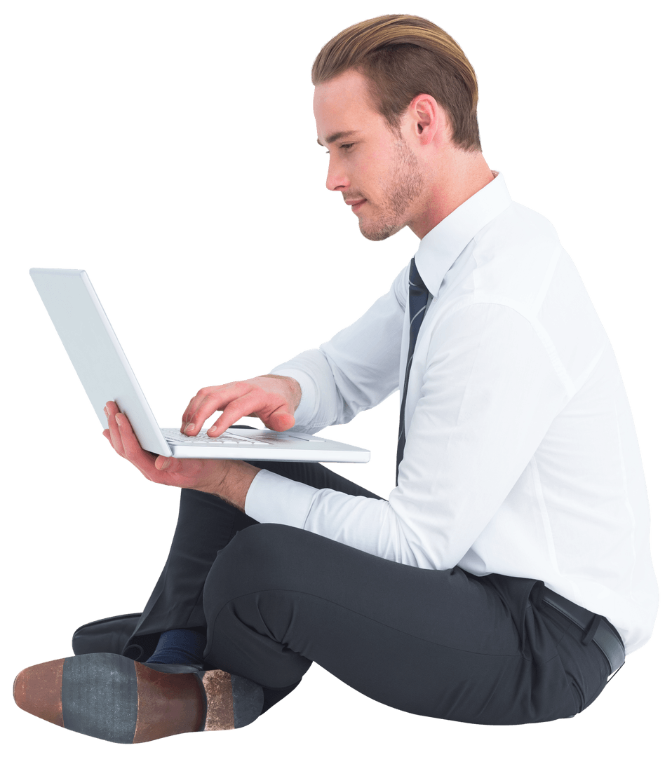 Transparent Businessman Enthusiastically Typing Seating Informally