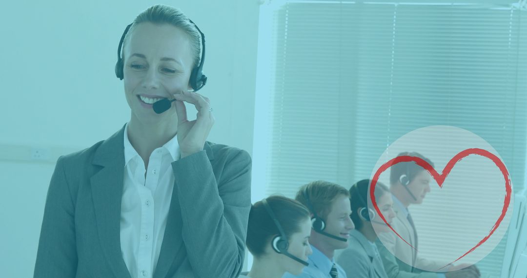 Smiling Female Customer Service Agent in Bright Office with Heart Symbol