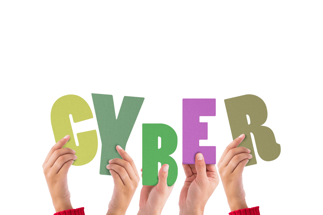 Hands Holding Cyber Text on Transparent Background