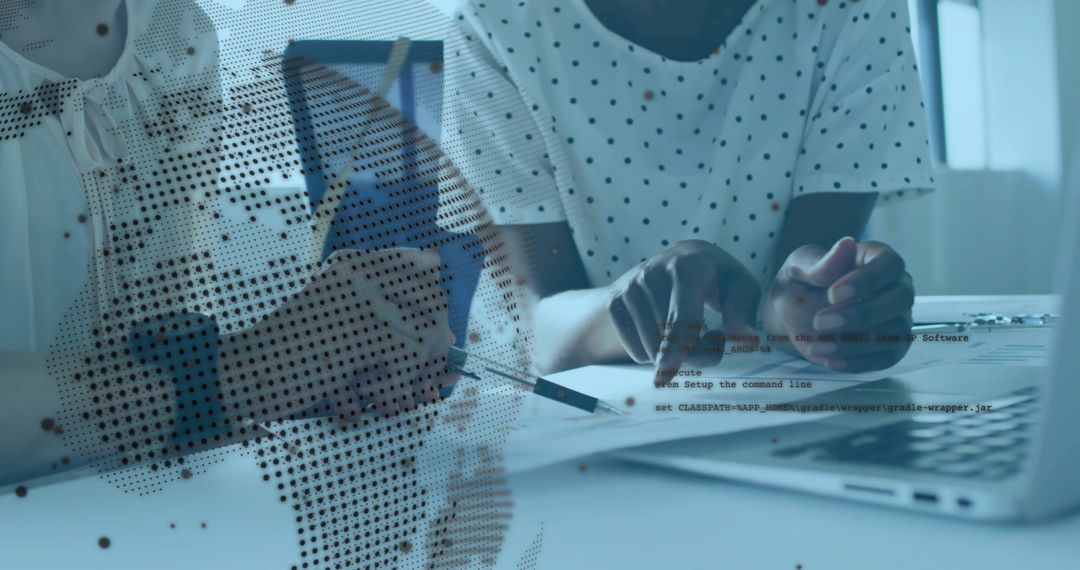 Colleagues Collaborating with Digital Globe Overlay in Modern Office