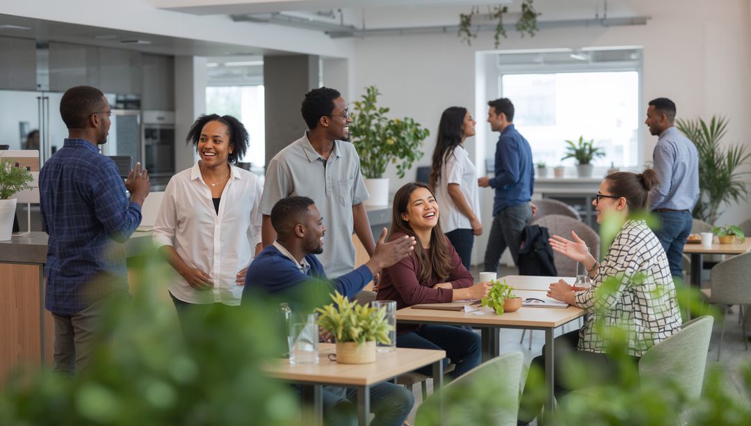 Diverse Coworkers Engaging in Friendly Discussion in Modern Workspace