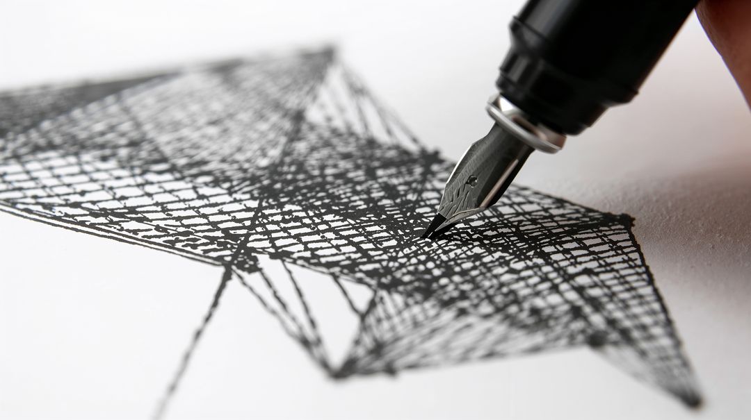 Artist drawing dense crosshatched geometric star pattern with fountain pen nib closeup