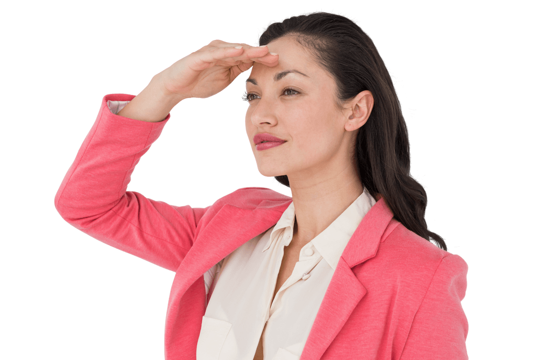 Professional Woman Gazing Into Distance with Hand on Forehead Transparent