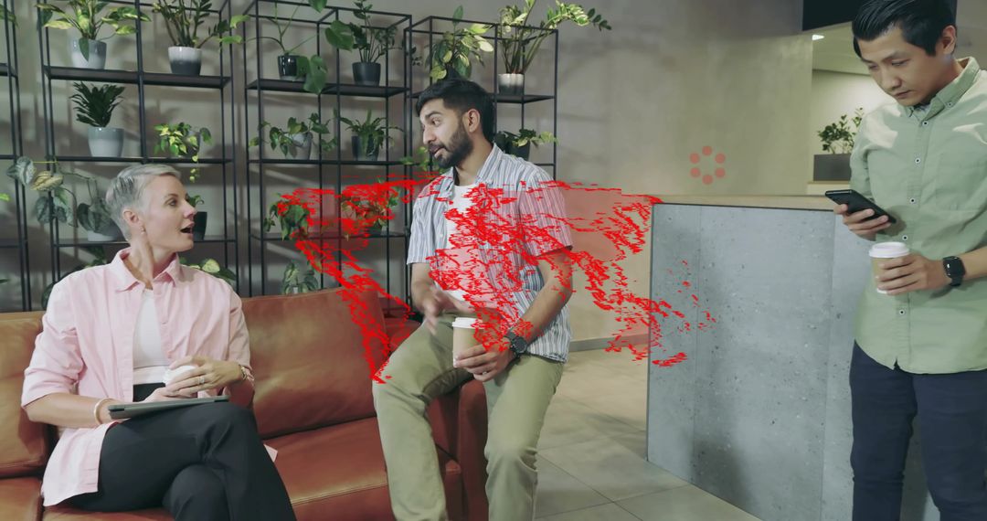 Colleagues Relaxing with Coffee and Technology in Modern Office Lounge