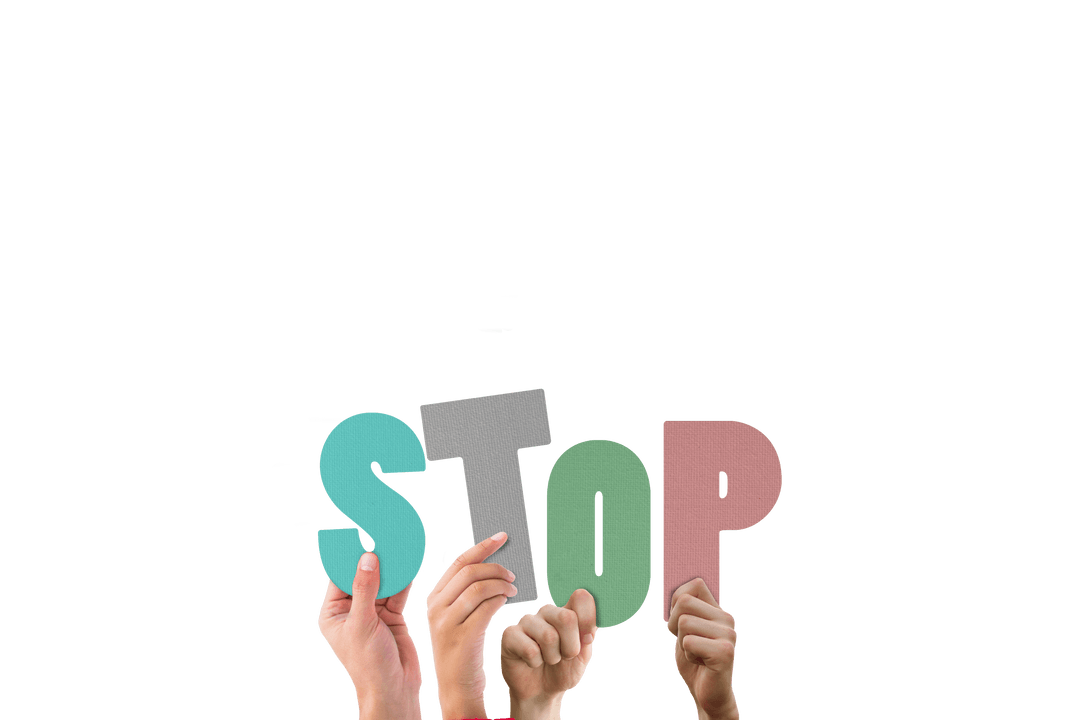 Transparent Warning Hands Holding Colorful Stop Letters