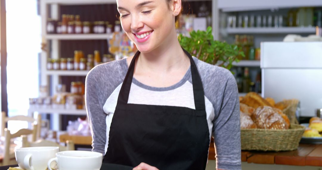 Smiling Barista Carrying Coffee at Cafe - Free Images, Stock Photos and Pictures on Pikwizard.com