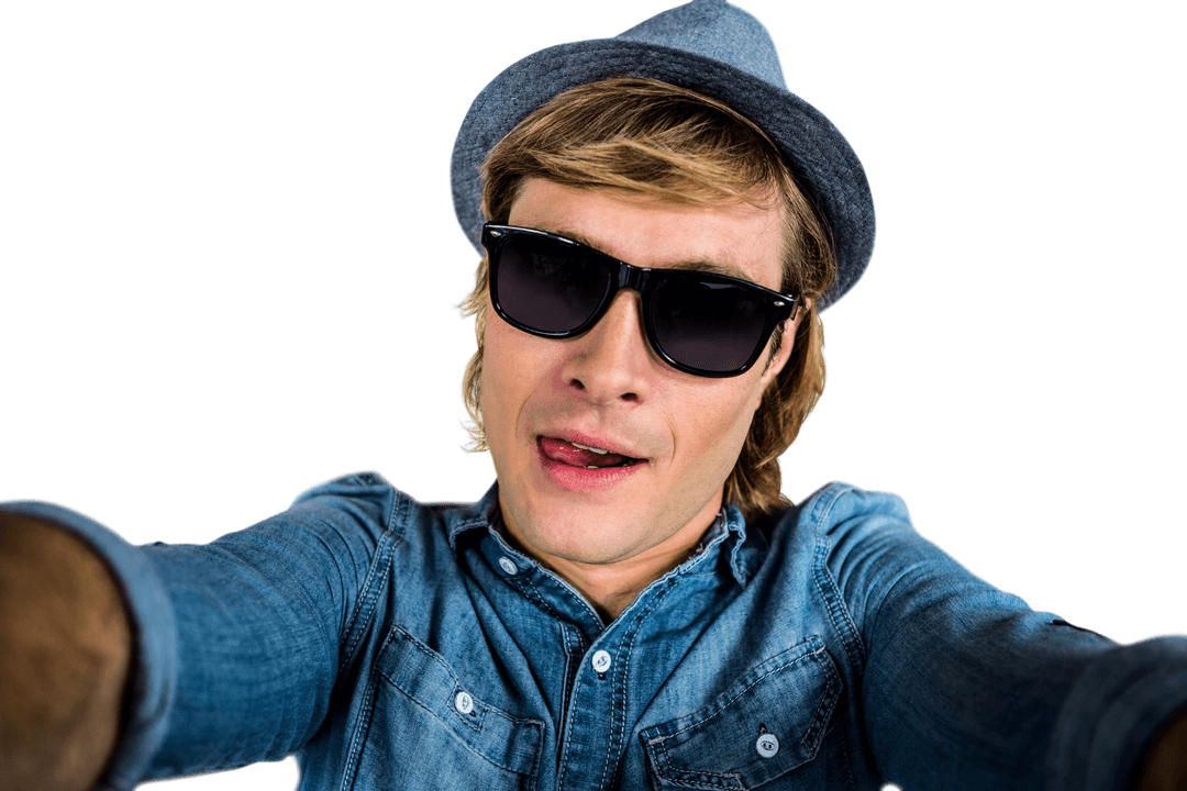 Hipster Man in Denim and Sunglasses Taking Selfie with Transparent Background