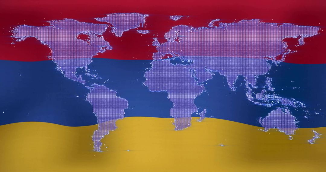 Pixelated World Map on Tricolor Stripes Symbolizing Global Connectivity