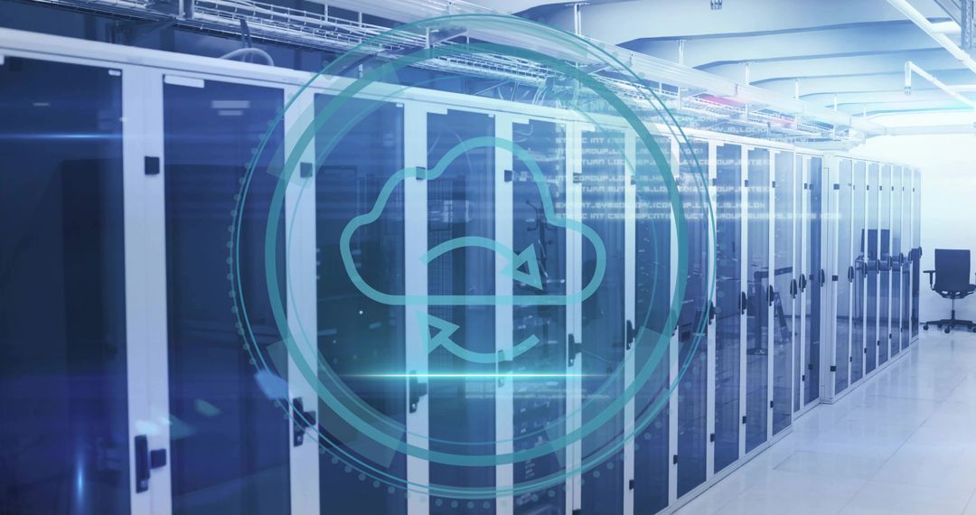 Futuristic Cloud Sync Symbol Over Modern Data Center Corridor