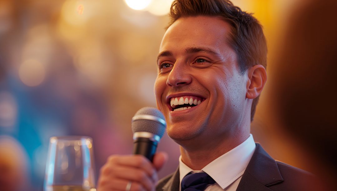 Smiling Host Speaking at Formal Event with Microphone