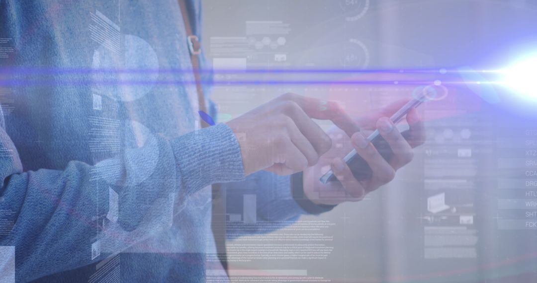 Person Using Smartphone with Financial Technology Overlay