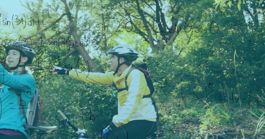Cyclists in Nature Pausing for Exploration with Overlaid Math