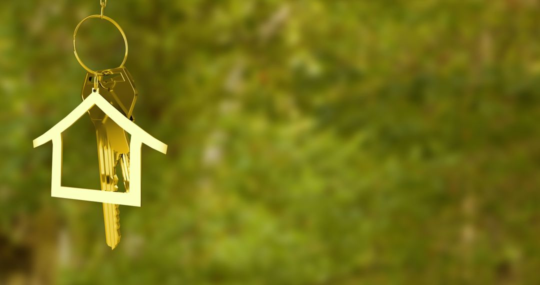 Golden Key with House Keyring Hanging Outdoors Concept