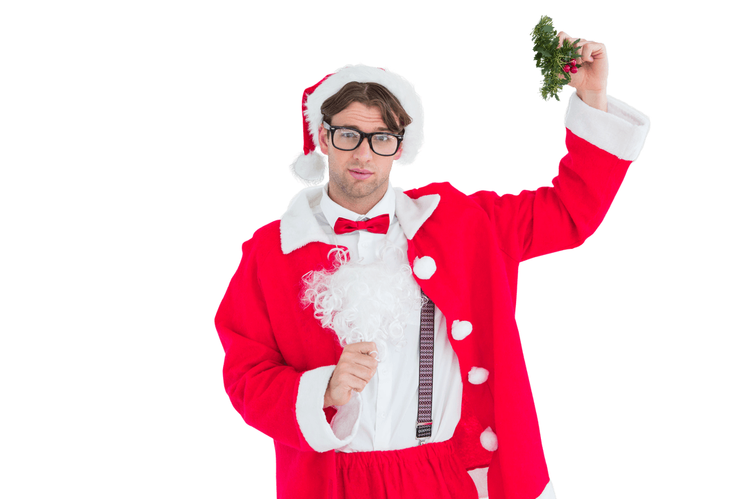 Geeky Hipster Santa Holding Mistletoe in Transparent Background