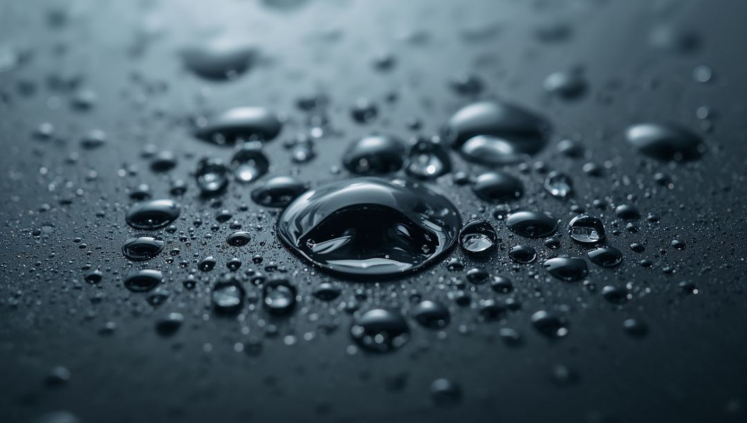Glossy water droplets beading on dark surface with macro reflections and moody lighting