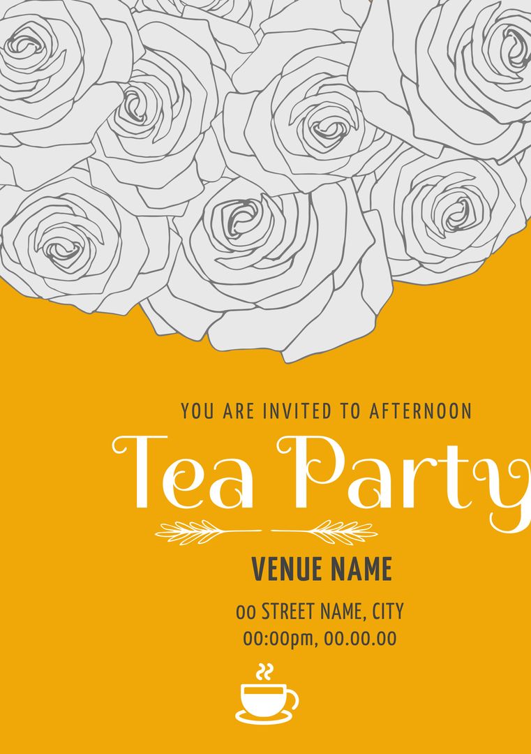Elegant Tea Party Invitation with White Roses and Yellow Background