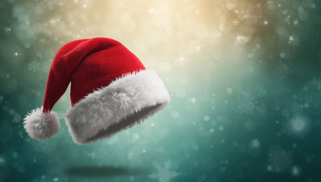 Floating Santa Hat with Plush Fur and Bokeh Snowflakes Holiday Glow
