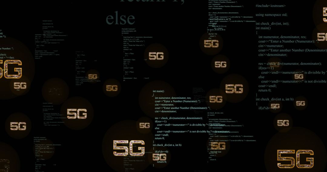 5G Wireless Technology and Programming Code Montage on Black Background