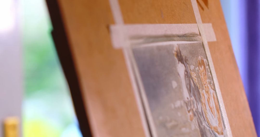 Close Up of Canvas Painting Featuring Man Riding a Horse