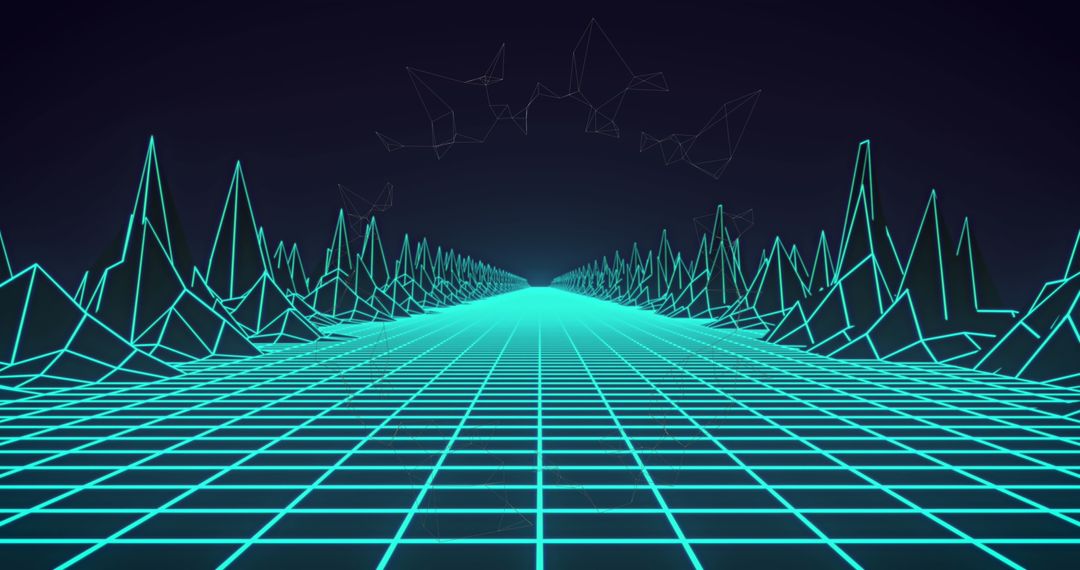 Futuristic Neon Network with 3D Structures on Dark Background