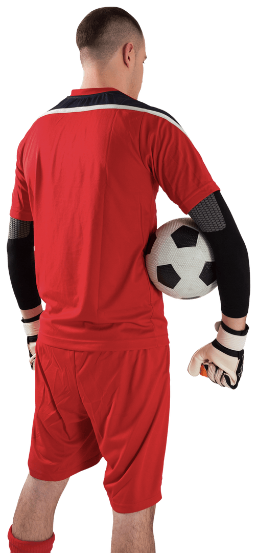 Goalkeeper in Red Uniform Holding Ball with Transparent Background