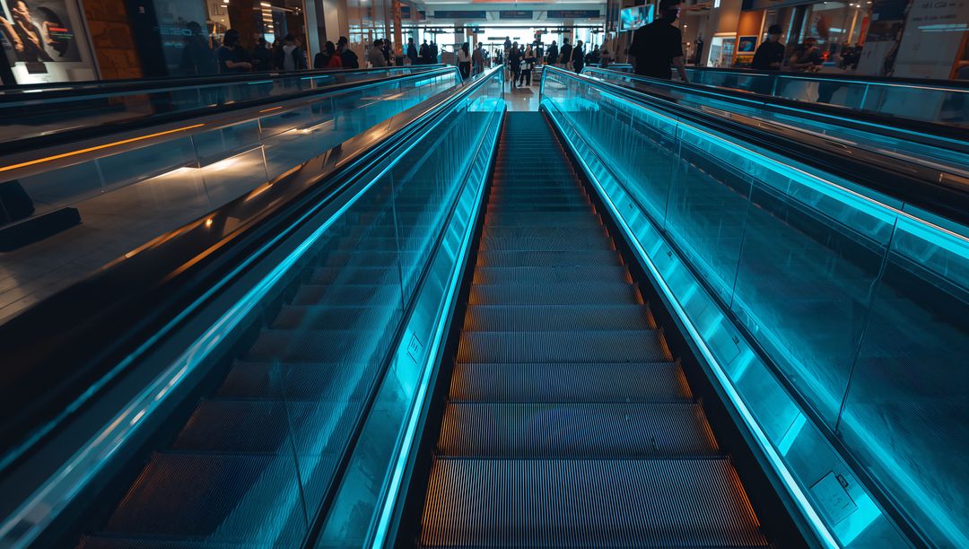 Descending Central Escalator Guiding Passengers Through Modern Airport Concourse