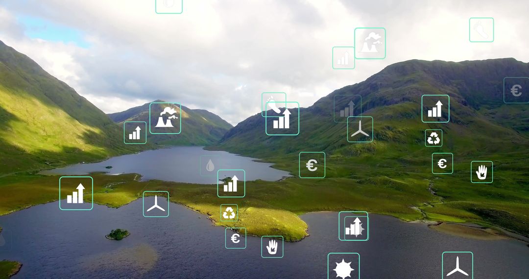 Digital Icons Over Serene Lake and Highland Landscape