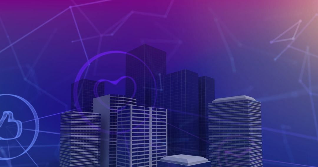 Digital Icons Overlaying Futuristic Cityscape with Global Connections