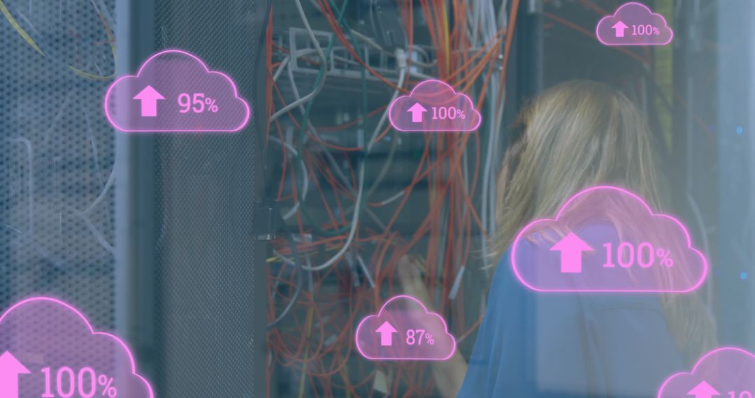 Female IT Specialist Managing Data Storage in Server Room with Cloud Interface