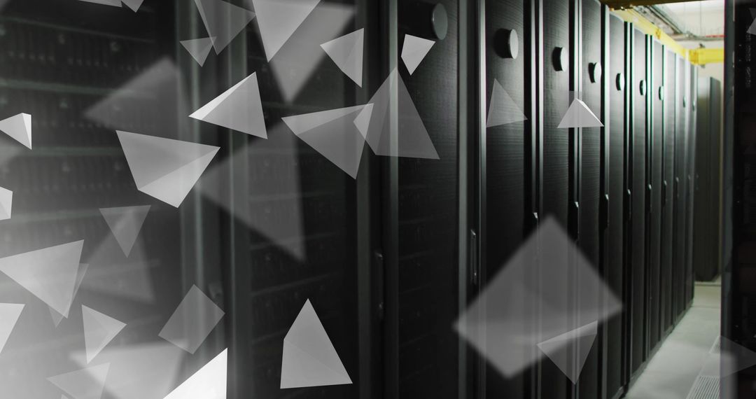 3D Grey Pyramids Floating in Modern Data Center