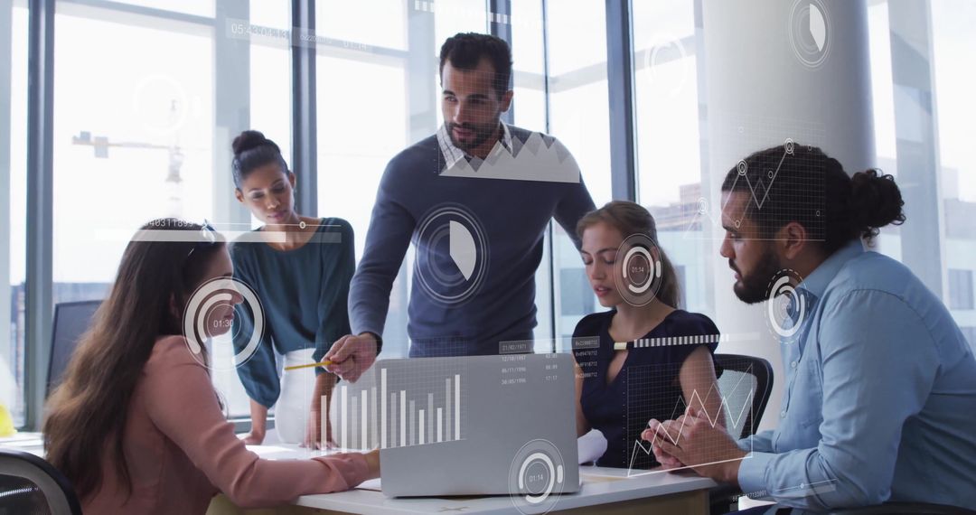 Diverse Team Engaging in Technology Discussion with Data Overlays