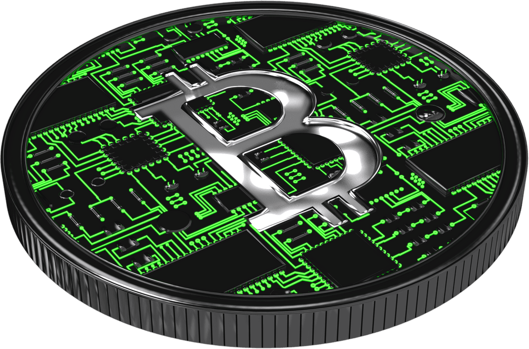 Digital Black Bitcoin Illustration on Transparent Background