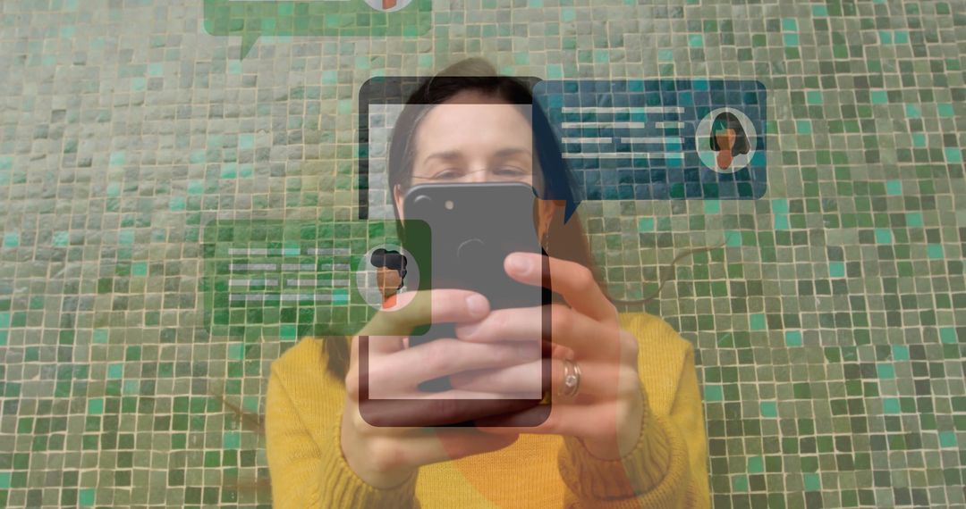 Smartphone Notifications with Person Engaged, Green Mosaic Background