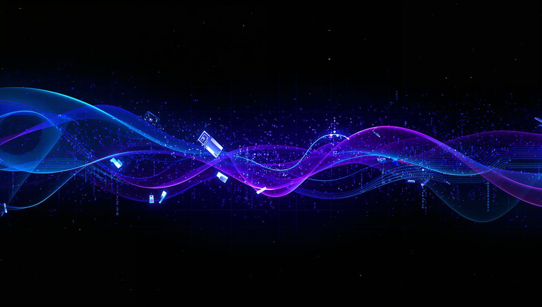 Vibrant Neon Data Wave with Digital Devices and Particles