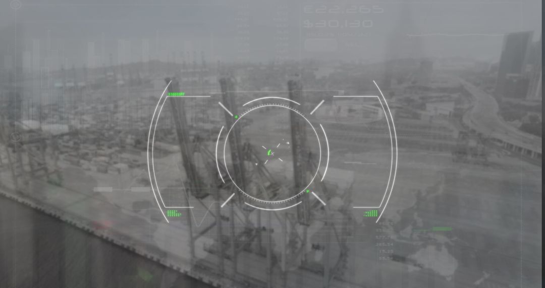 Futuristic Aerial View of Cargo Port with Digital Interface