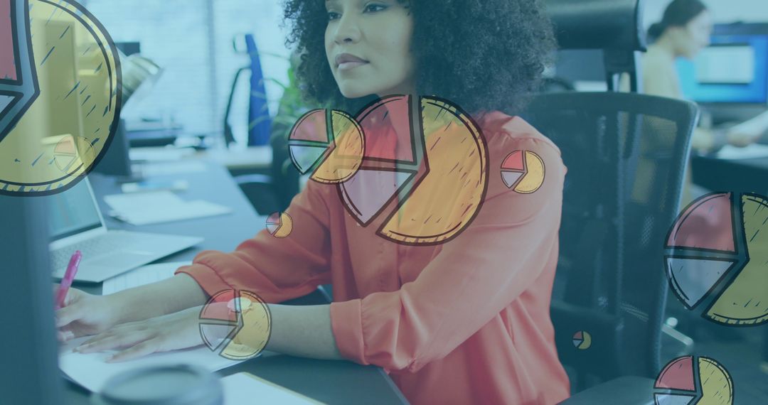 Businesswoman Analyzing Data with Floating Pie Charts