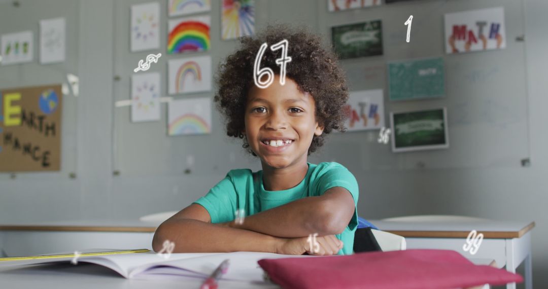 Happy Schoolboy Smiling in Classroom with Numbers Overlay