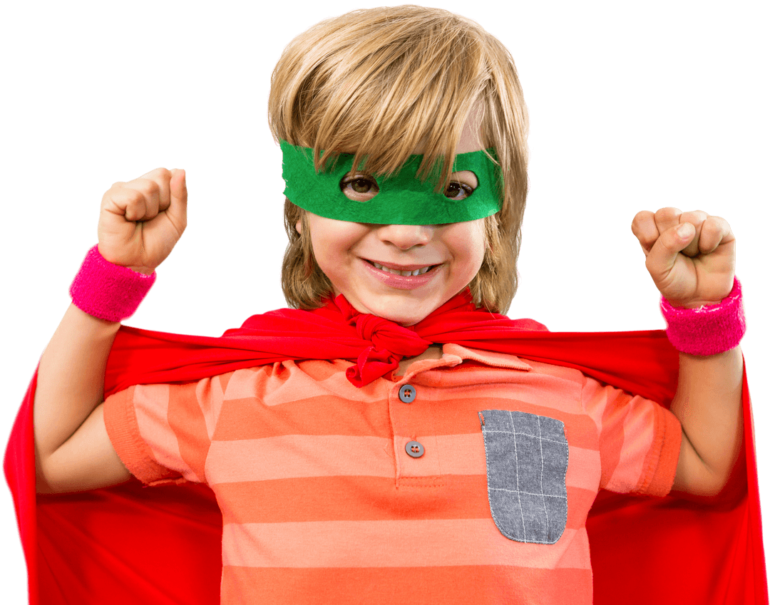 Playful Child Superhero with Red Cape and Green Mask on Transparent Background
