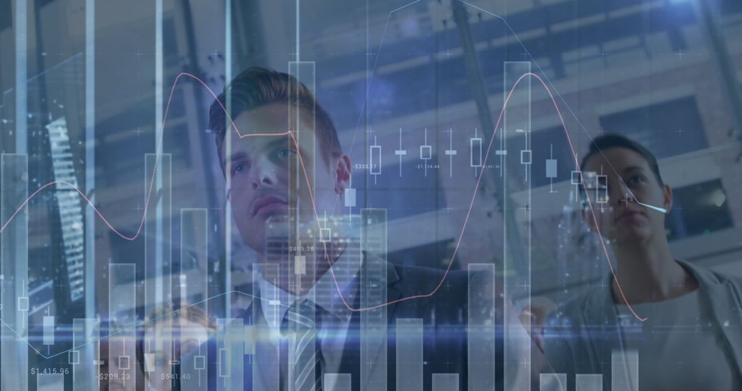 Business Team Analyzing Virtual Financial Data Overlay