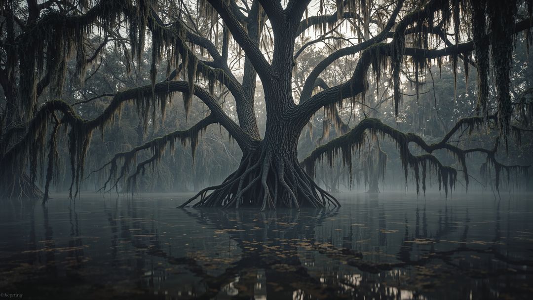 Majestic Cypress Tree with Spanish Moss in Serene Swamp