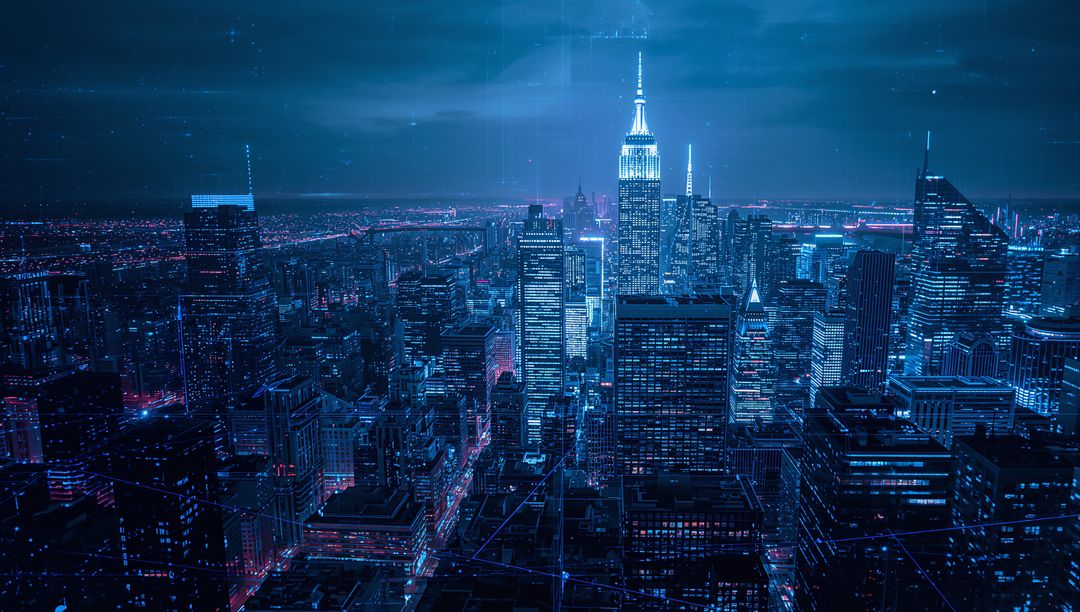 Cyan-Lit Nighttime Metropolis with Neon Skyscrapers