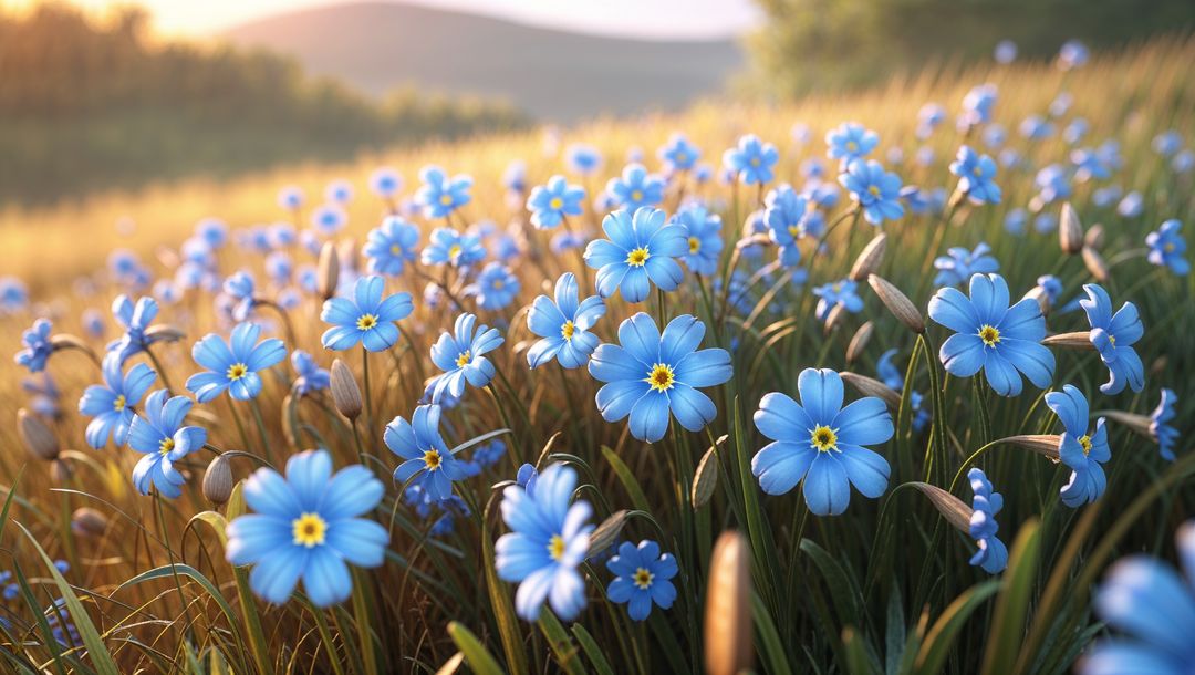 Idyllic meadow of blue forget me not wildflowers at golden sunrise